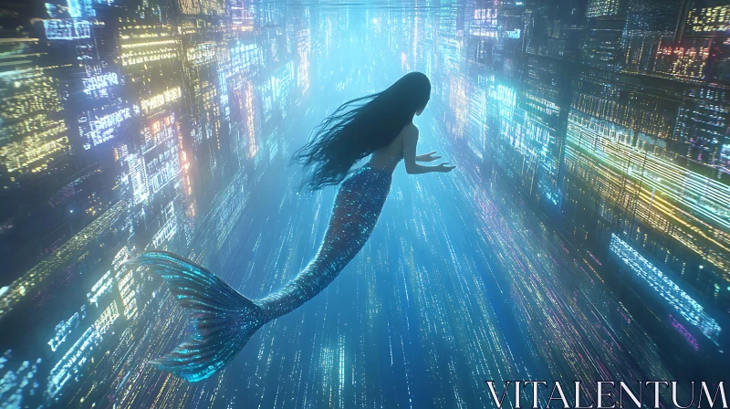 Surreal Mermaid in a Luminous Cyberpunk Aqua World