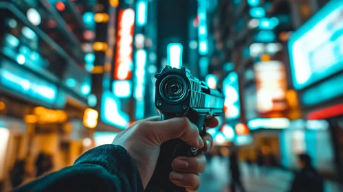 Urban Cyberpunk Scene Featuring Handgun and Neon Lights