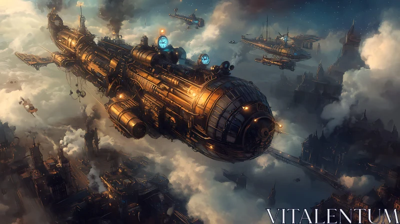 AI ART Steampunk Airship Floating Over a Mystical Cityscape