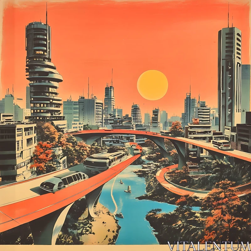 AI ART Modern Urban Skyline with Elevated Roads and Sunset