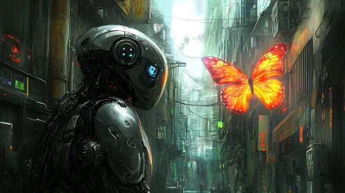 Cyberpunk Alley with Robot and Butterfly