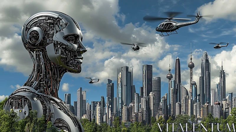 Cybernetic Giant Overlooking Modern Urban Skyline AI Image