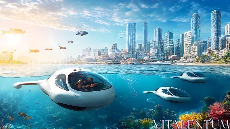 Advanced Technology in a Futuristic City with Submarines AI Image