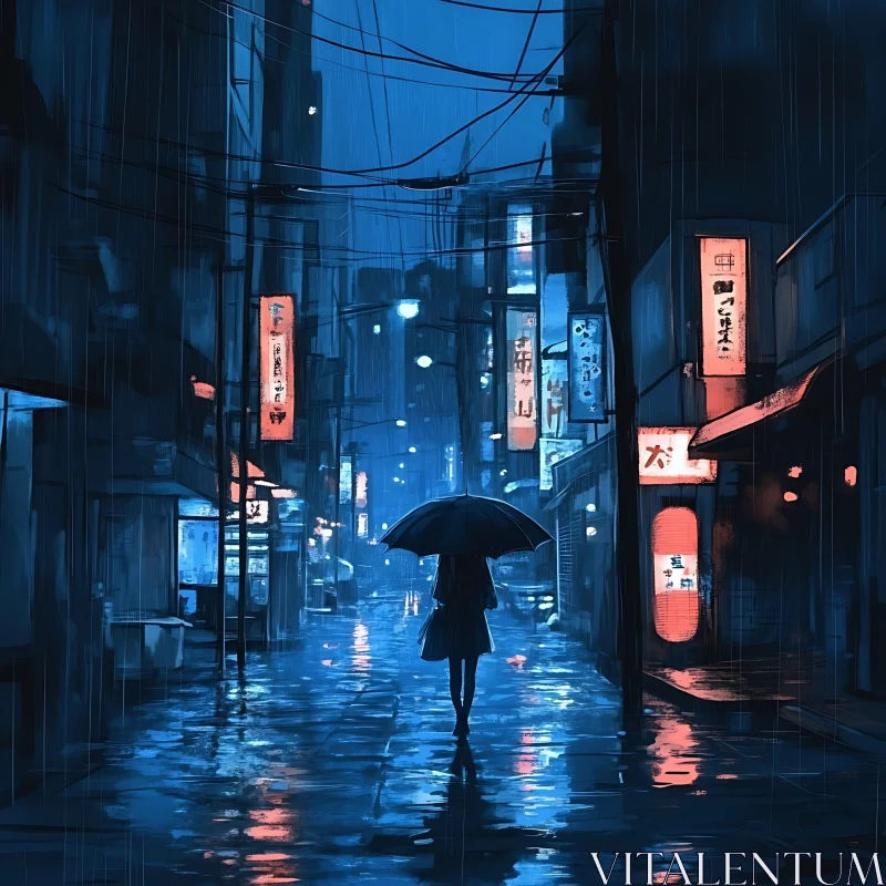 Lonely Figure with Umbrella in Neon-Lit Rainy City AI Image