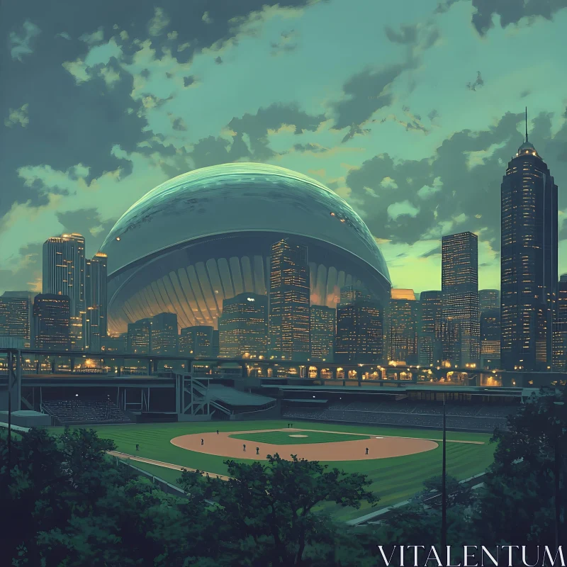 Modern Urban Scene with Dome and Baseball Stadium AI Image