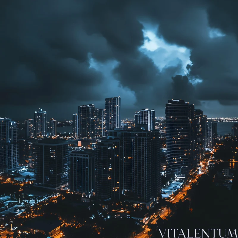 Illuminated Urban Skyline at Night AI Image