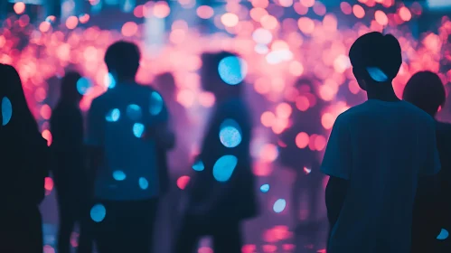 Surreal Night Scene with Colored Lights and Silhouettes