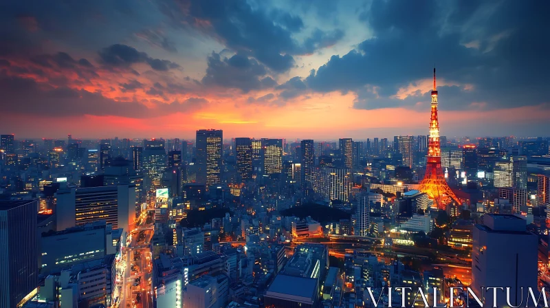 AI ART Sunset Over Tokyo with Glowing Tokyo Tower