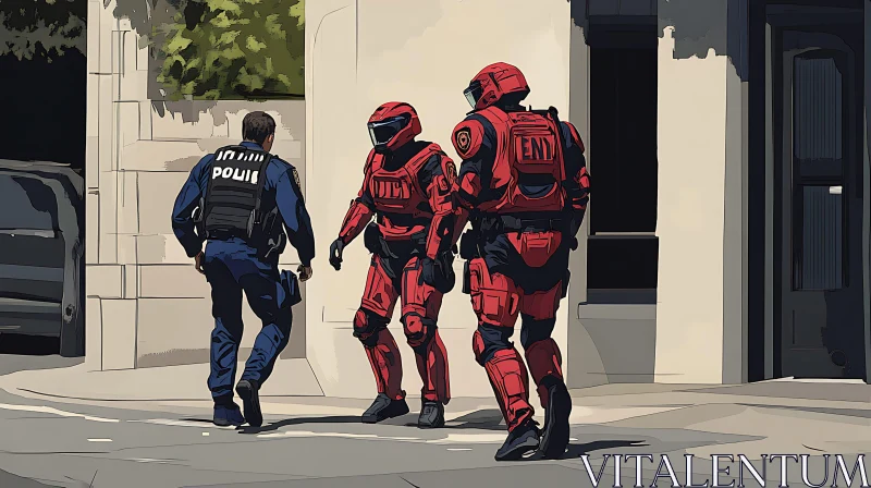 Urban Futuristic Patrol with Armored Officers AI Image