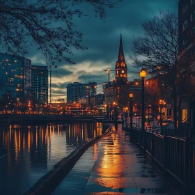 Tranquil Nightscape with Historic Church and Modern City