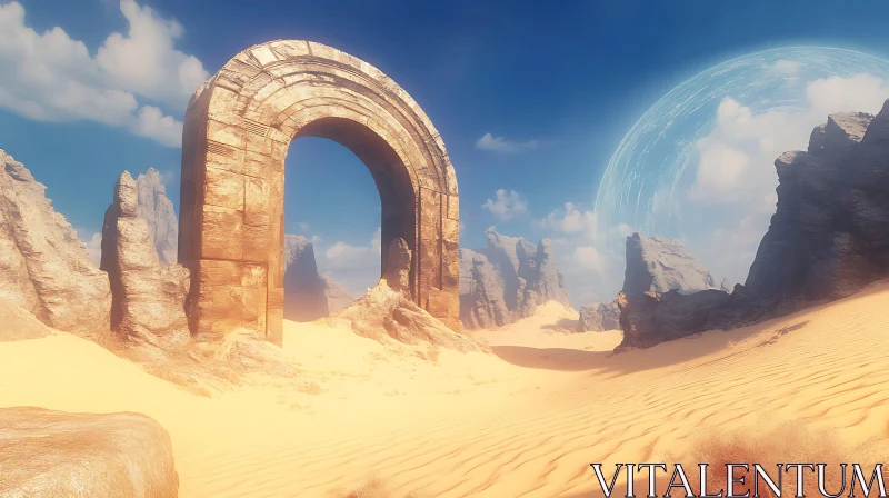 Otherworldly Desert Scene with Ancient Arch AI Image