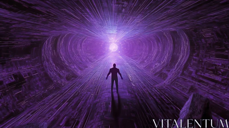 Man in Purple Tunnel Heading Towards Bright Light AI Image