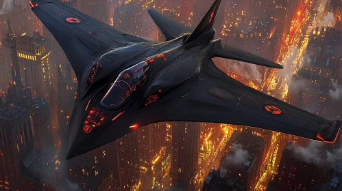 High-Tech Jet Over a Lit Nocturnal City