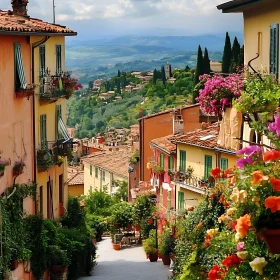 Vibrant Village Scene with Flower-Adorned Buildings