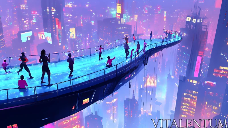 AI ART Neon-Lit Metropolis with Elevated Walkway