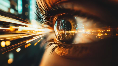 Futuristic Eye with City Reflection and Light Trails