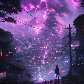 Surreal Purple Sky Over a City