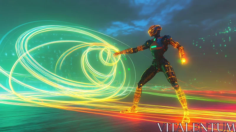 AI ART Nighttime Cyborg with Neon Light Trails