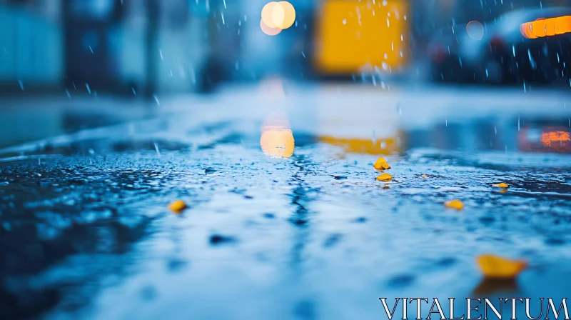 Wet Urban Street with Reflections and Leaves AI Image