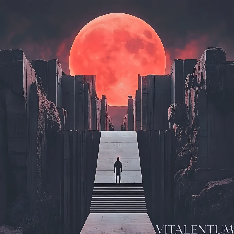 Enigmatic Figure Under the Crimson Moon AI Image