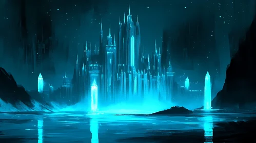 Mystical Blue Castle in Night Fog