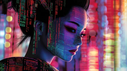 Cyberpunk Woman with Digital Matrix