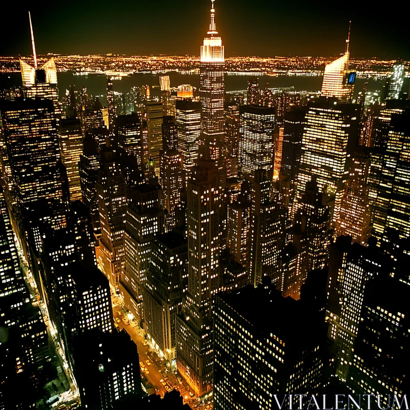 Illuminated Skyscrapers and Streets at Night AI Image