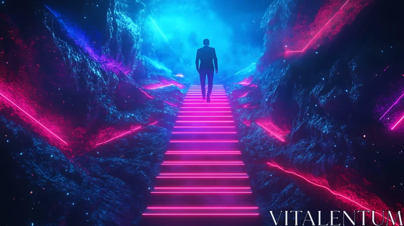 Futuristic Neon Staircase with Man AI Image