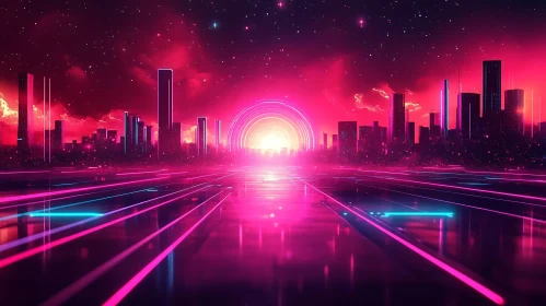 Neon Sunset over Futuristic City