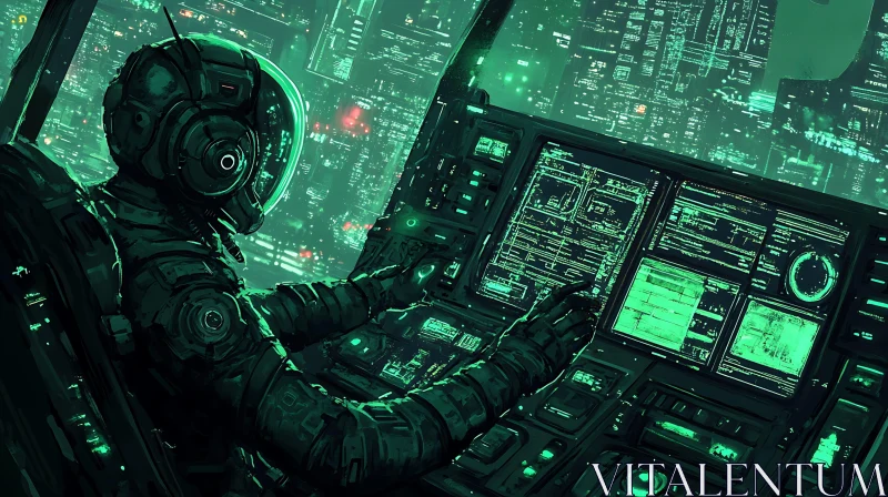 Cyberpunk Pilot in Futuristic Cockpit AI Image