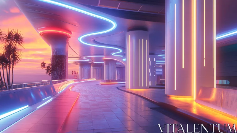 Neon-Lit Modern Architectural Space at Dusk AI Image