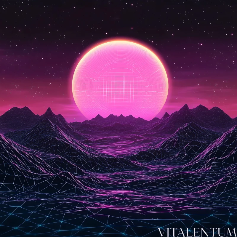 AI ART Futuristic Wireframe Landscape with Neon Pink Sun