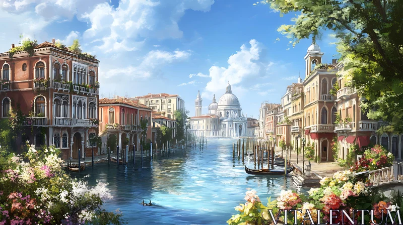 Venice Canal with Historic Buildings and Blooming Gardens AI Image