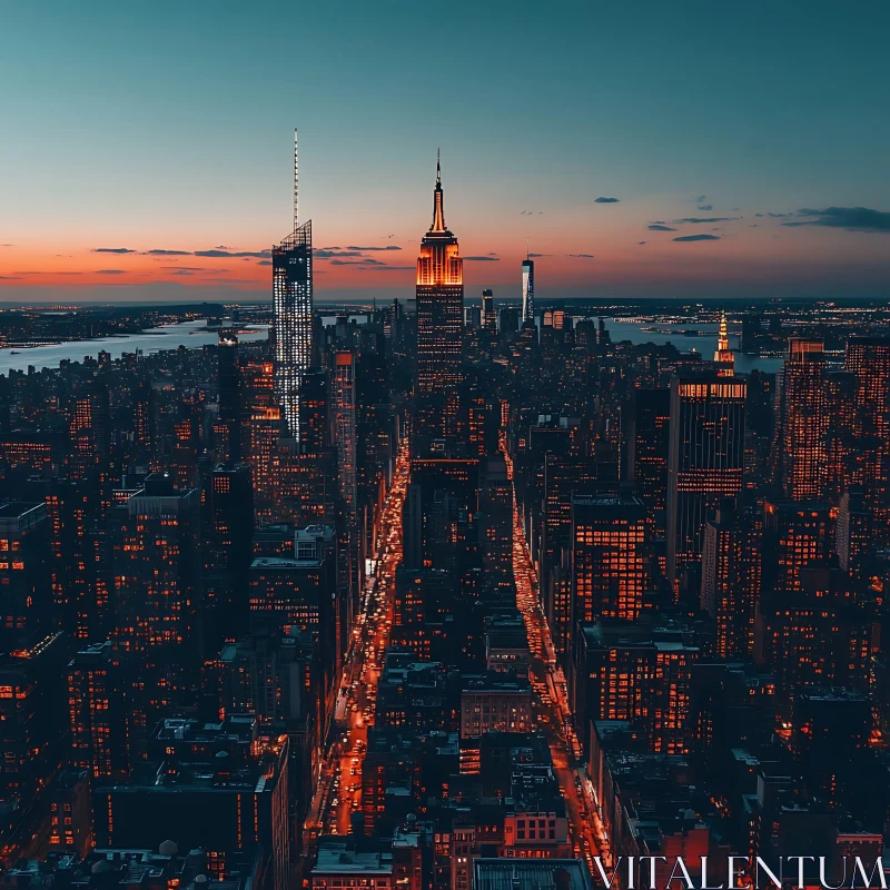 Dusk Over City with Glowing Skyscrapers AI Image