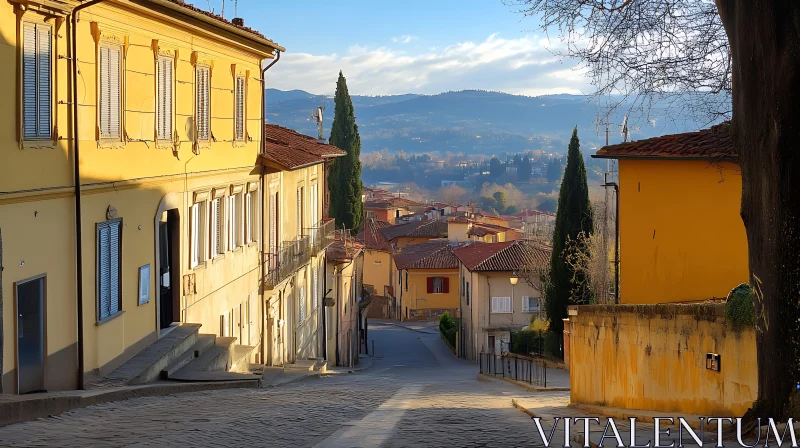 Sunlit Urban Landscape with Mountain Background AI Image