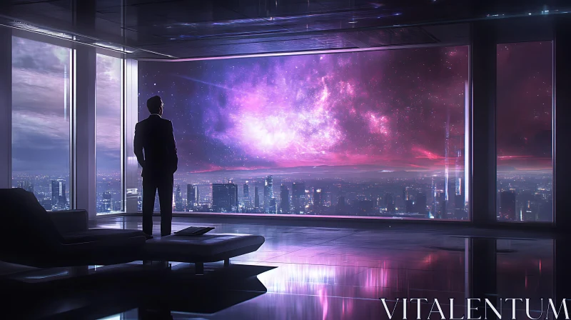 Person in Modern Office Overlooking Galaxy-Lit Cityscape AI Image