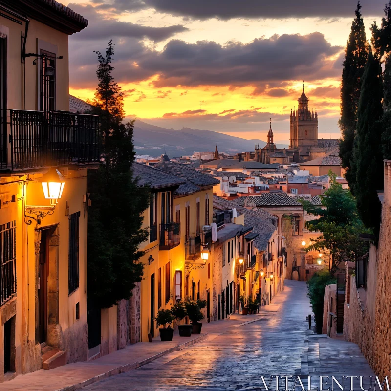 Sunset Cityscape with Warm Lights and Church Towers AI Image