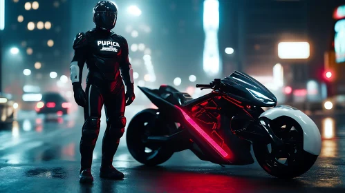 High-Tech Motorcycle and Rider at Night