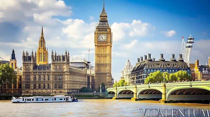 Cityscape Featuring Iconic Clock Tower by River AI Image