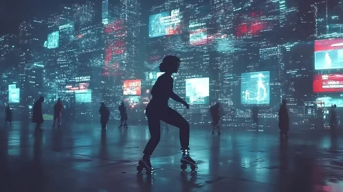 Neon-lit Cityscape with Roller Skater