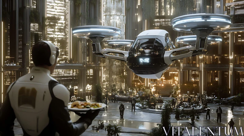 Man Observing Flying Car in Advanced Futuristic City AI Image