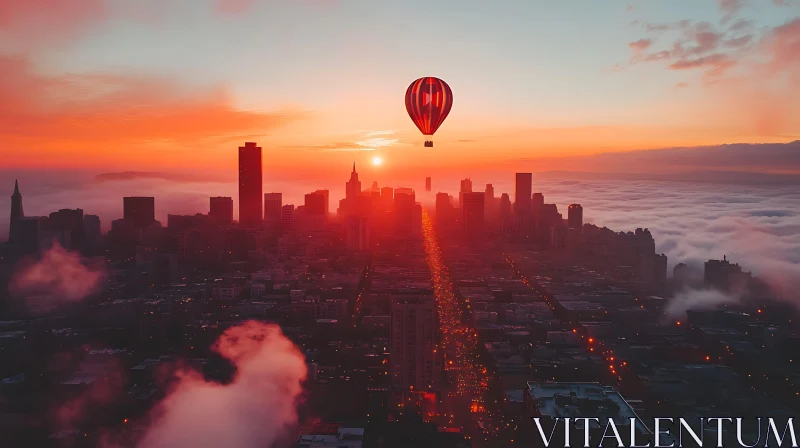 Sunset Skyline with Hot Air Balloon AI Image