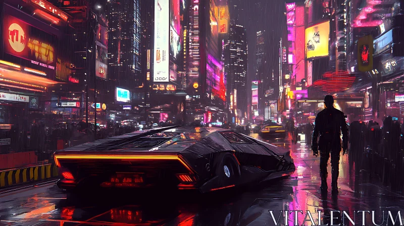 Neon-Lit Rainy City with Futuristic Car AI Image