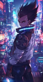 Cyberpunk Anime Figure Amidst Neon Urban Scene