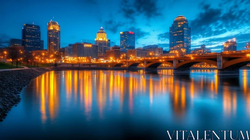 Nighttime Urban Landscape with Glowing Lights and River AI Image