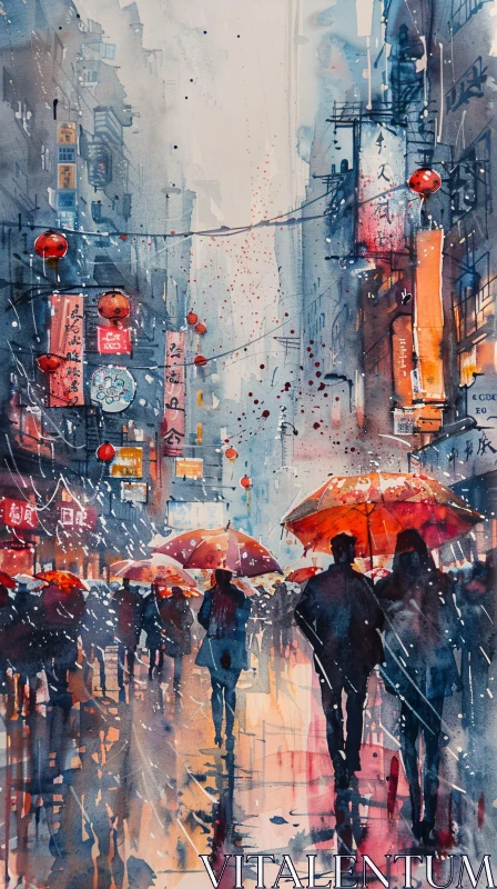 Rainy Cityscape with Colorful Umbrellas and Lanterns AI Image