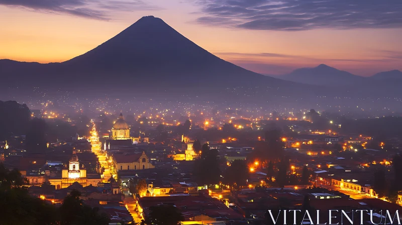 Twilight Urban View with Volcanic Mountain AI Image