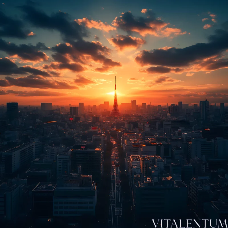 Dramatic City Sunset with Tower AI Image