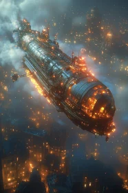 Illuminated Airship in Steampunk Nightscape