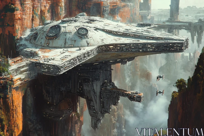 Sci-Fi Spaceship Hovering Over Canyon Landscape AI Image